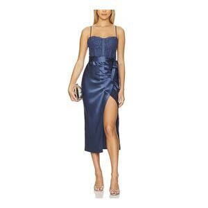 Cami NYC Navy Lace Bustier Satin Wrap Midi Dress